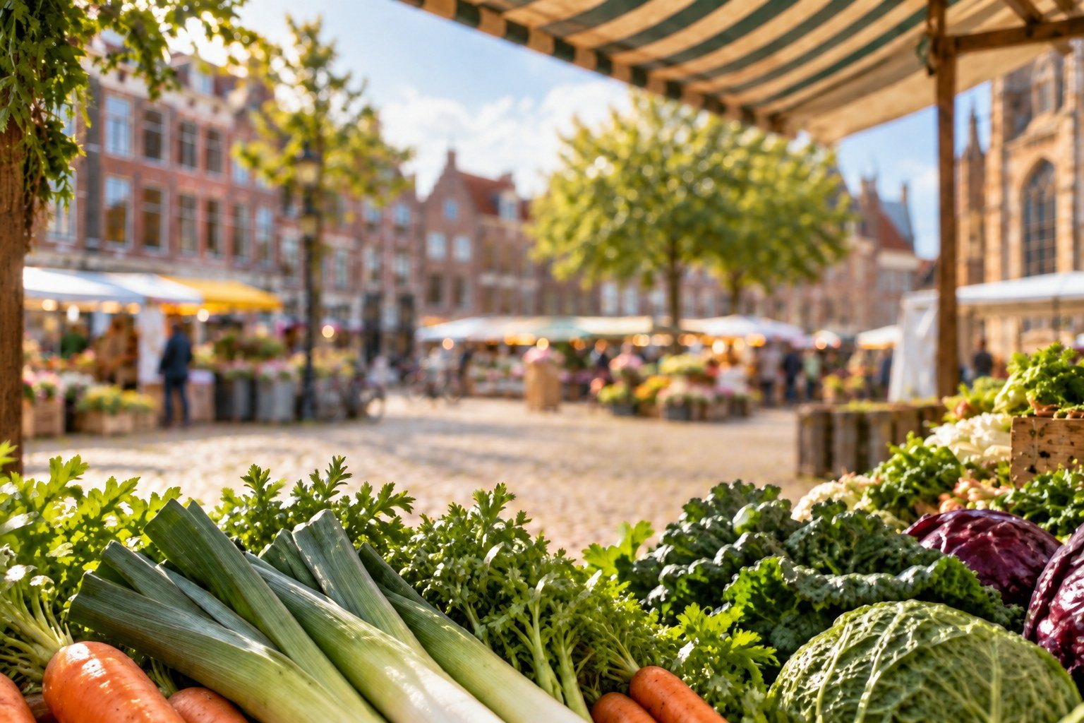 Groentekraam op een Nederlandse boerenmarkt met bakstenen gevels op de achtergrond