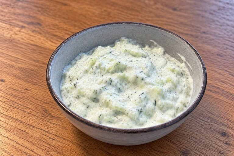 Tzatziki met kwark in een grijze kom op een houten tafel